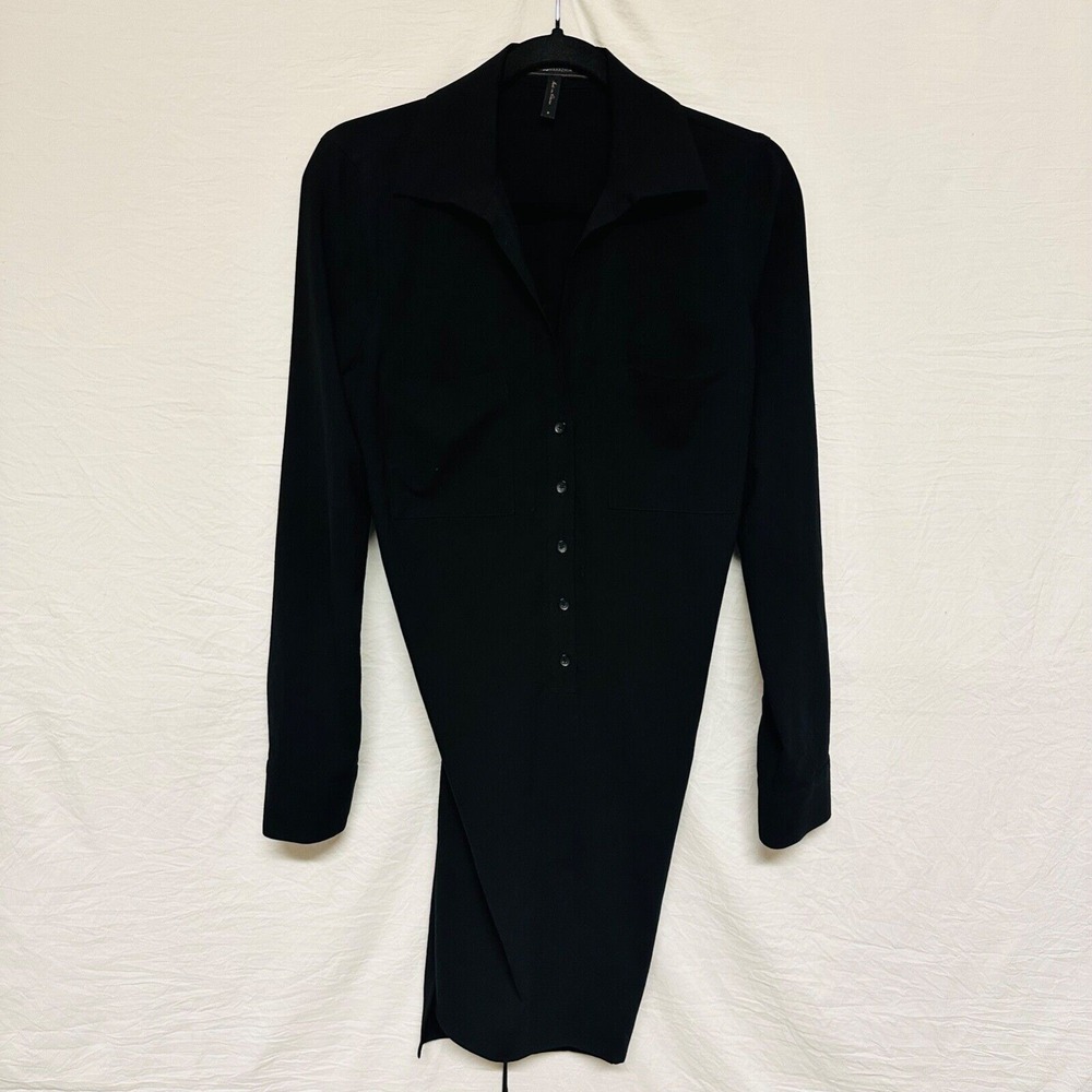 BCBG Black Dress Long Sleeves Open Back Size Small Collar Buttons Flowy Soft